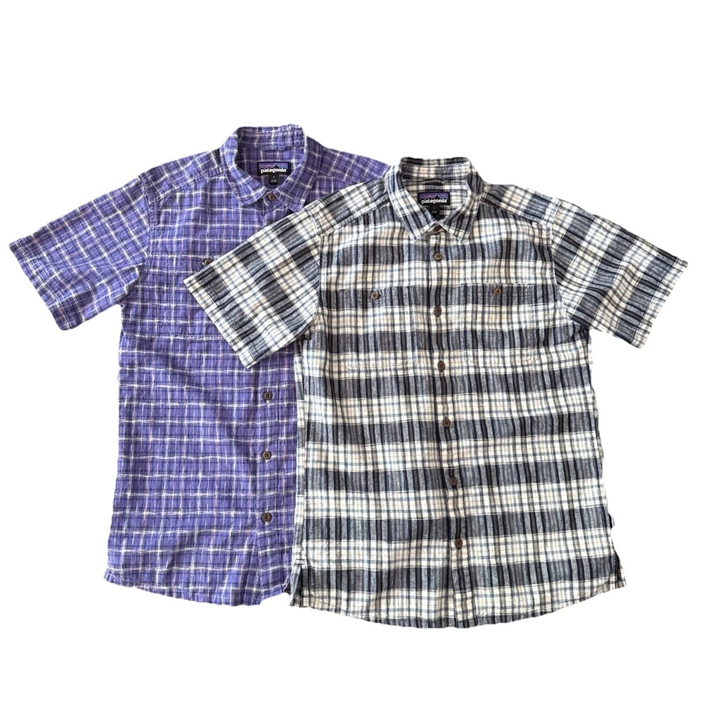 Patagonia Back Step Shirts (2) Men Small Hemp Organic Cotton Plaid Short Sleeve